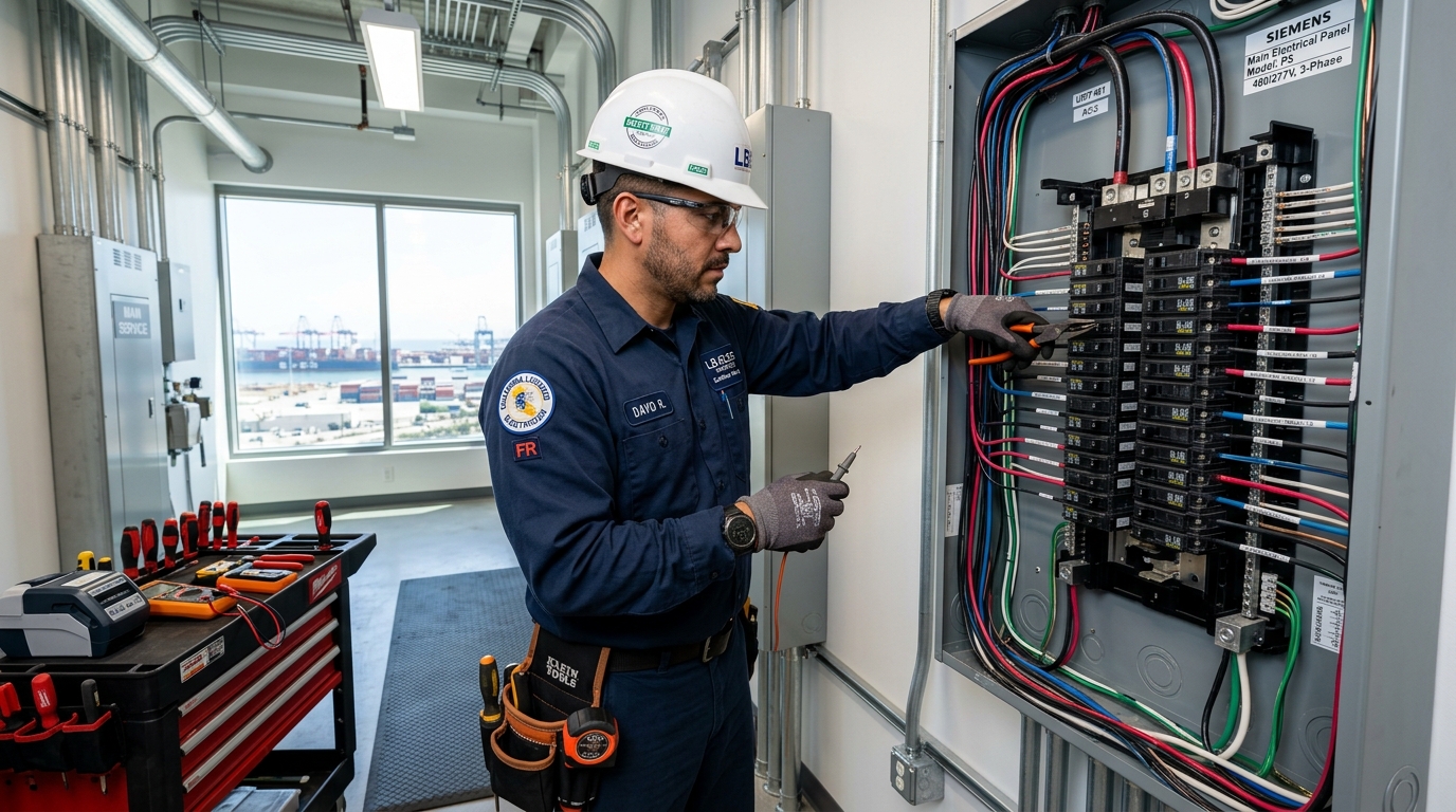 Tropicbird Los Angeles Electric Pro master electrician inspecting and servicing a modern electrical breaker panel in Long Beach California